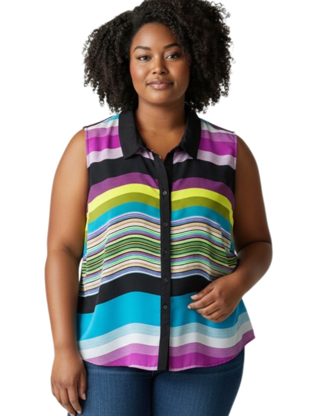 Worthington Multicolor Sleeveless Striped Button-Front Blouse